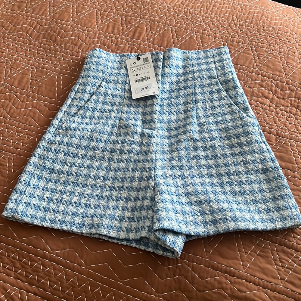Zara tweed blue and white high rise shorts